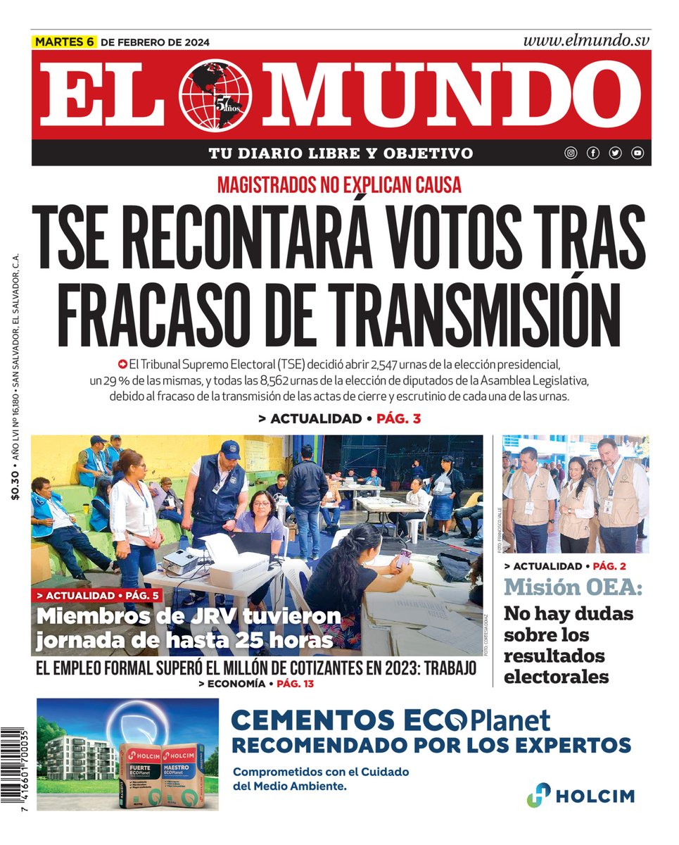 ElMundoSV's tweet photo. Buenos días lectores esta es nuestra #PortadaDEM para este martes 6 de febrero te invitamos a leer la versión completa del E-paper en el siguiente enlace.
https://t.co/47uH1CVB5a https://t.co/lM1TSjpVrT
