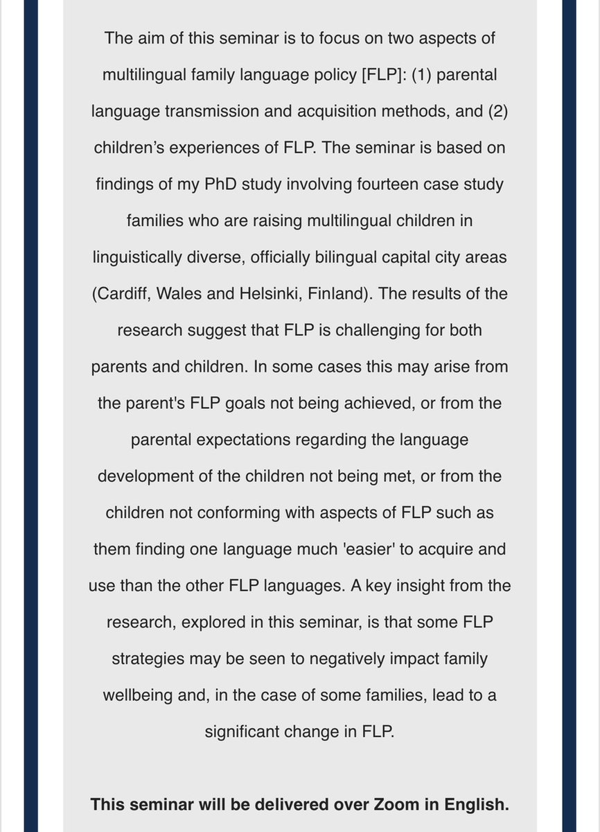I'm presenting my PhD research findings on multilingual families at the <a href="/ysgolygymraeg/">Ysgol y Gymraeg</a> research seminar on the 27th of February. I will discuss parental language transmission strategies, children’s experiences, and family wellbeing.
Book a place (Zoom): lnkd.in/eDN8ChK7