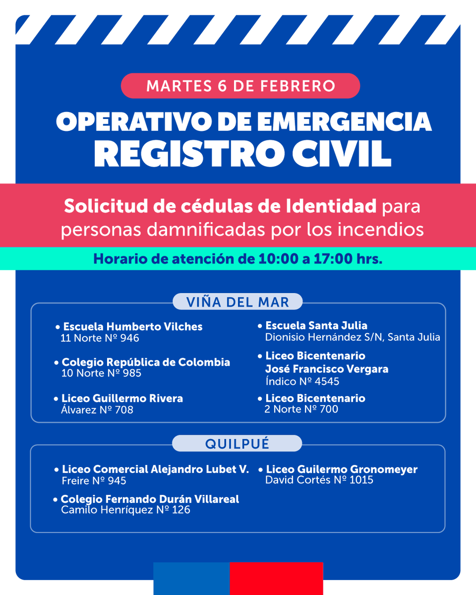 RegCivil_Chile's tweet photo. @MinjuDDHH @Regcivil_Valpo Atención especial para personas damnificadas por incendios en la Región de Valparaíso. Hoy estaremos en estos lugares: #VinadelMar #Quilpué https://t.co/1lqBrePCPP
