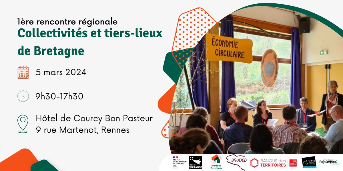 ❗️Inscrivez-vous à la première rencontre régionale dédiée aux Collectivités et tiers-lieux le 5 mars prochain à Rennes !

Retrouvez sur ces liens :
👉 le programme-&gt; lyyti.fi/p/collectivite…
👉Et le formulaire d’inscription -&gt; lyyti.fi/reg/collectivi…