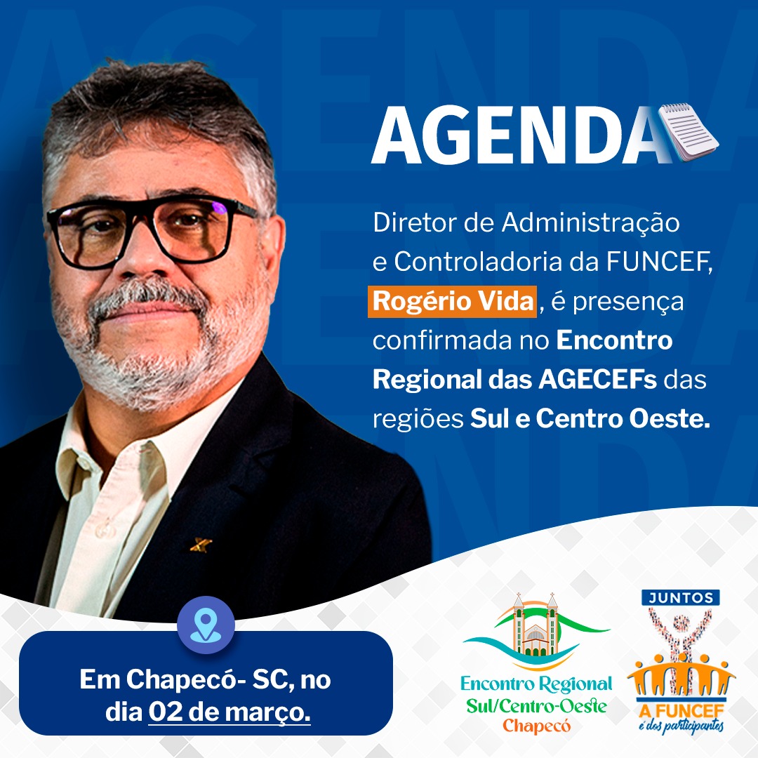 afuncefedospar1's tweet photo. 📆 AGENDA| 

✅No dia 2 de março, o Diretor Eleito de Administração e Controladoria da FUNCEF, Rogério Vida, estará presente no Encontro Regional das AGECEFs das regiões Sul e Centro-Oeste. 

 #funcef #caixa #agenda #afuncefedosparticipantes https://t.co/fdraDCVQbz