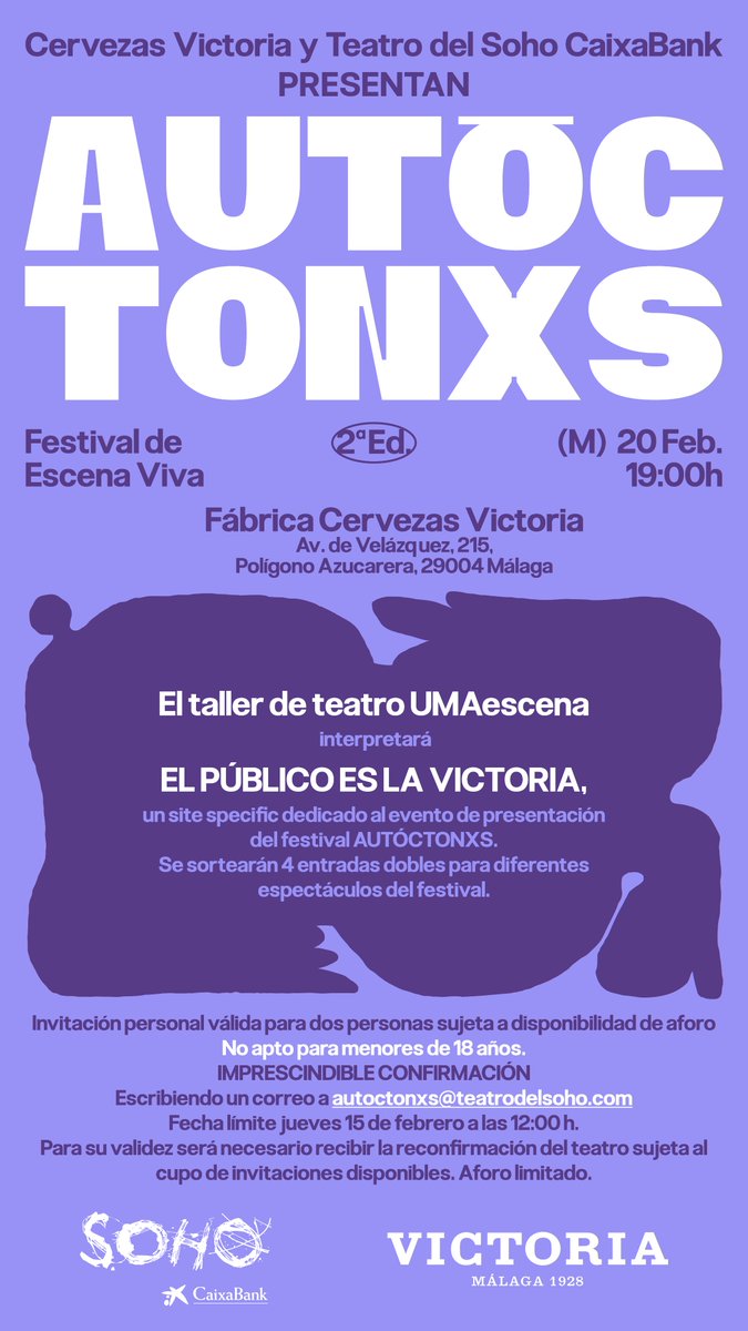 TeatroDelSoho's tweet photo. Te invitamos a la presentación de  #Autoctonxs 💜💚

¡El martes 20 de febrero a las 19:00h, tienes una cita en la fábrica @cervezavictoria!

Escribe un correo a autoctonxs@teatrodelsoho.com antes del jueves 15 de febrero a las 12:00h.

Más info ⬇️⬇️ https://t.co/Wpql33Nd39