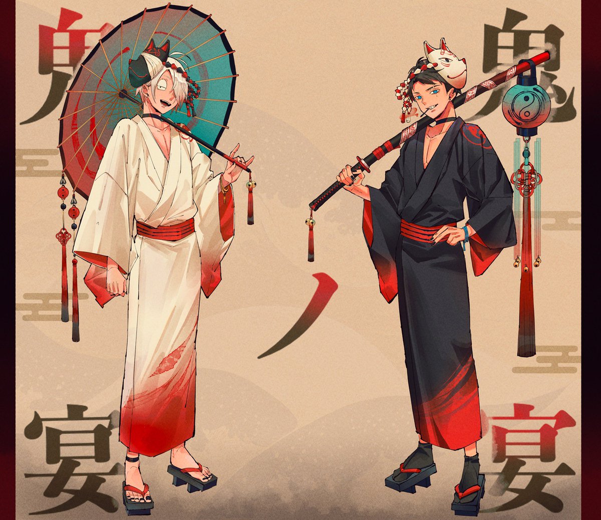 multiple boys 2boys mask fox mask male focus japanese clothes umbrella  illustration images