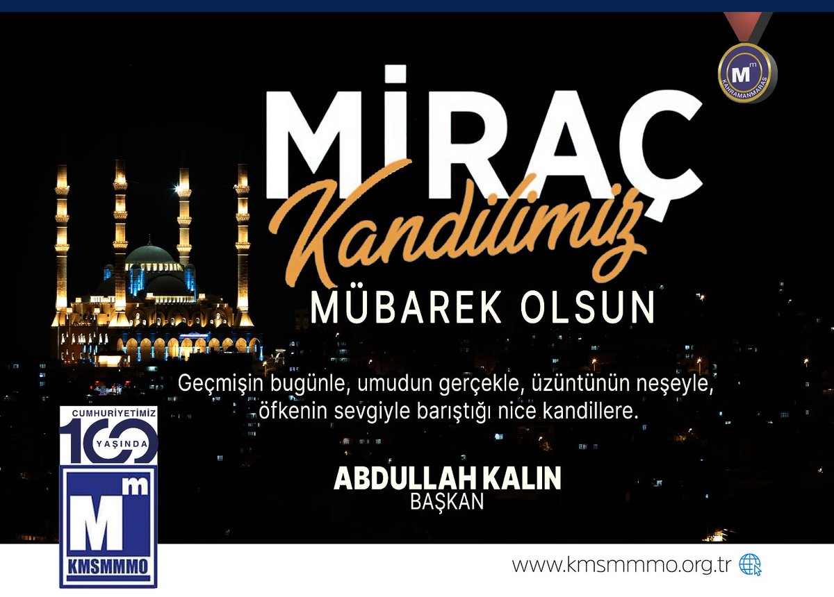 AbdullahKalin46's tweet photo. Miraç Kandilimiz mübarek olsun.

Geçmişin bugünle, umudun gerçekle, üzüntünün neşeyle, öfkenin sevgiyle barıştığı nice kandillere.

Abdullah KALIN
BAŞKAN

#Kahramanmaraş #KMSMMMO #BizVarız https://t.co/z93iP5v0RK