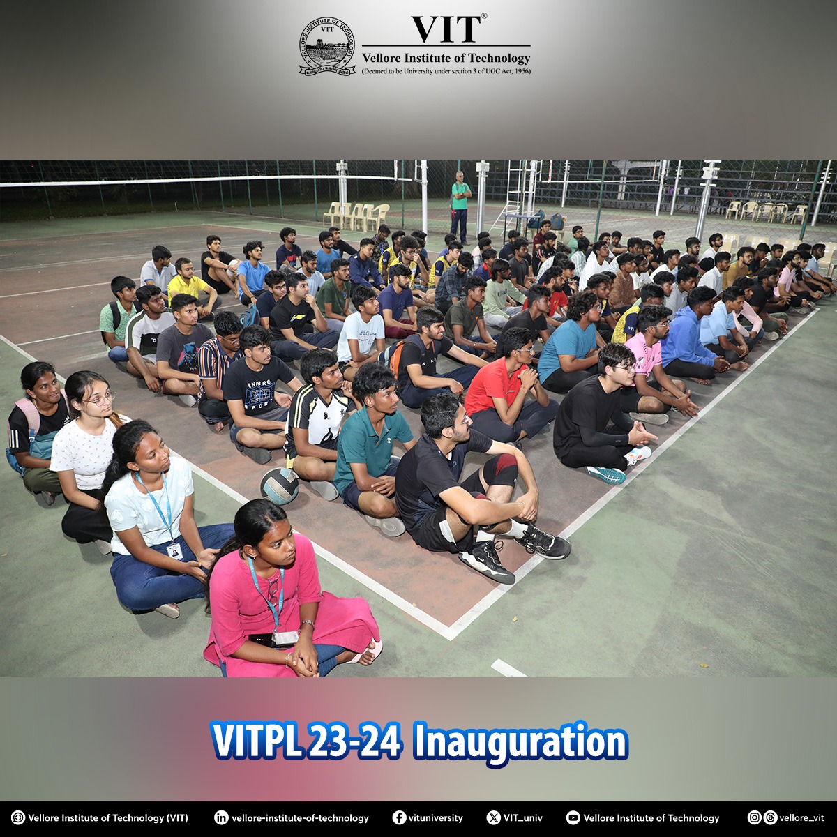 VIT_univ's tweet photo. The much-anticipated #VITPremierLeague #VITPL - the annual #Sports extravaganza of VIT, kicked off with a lovely serve by our Vice-President, Dr. G.V. Selvam!

#VIT #VITPL2024 #Games #Volleyball #Futsal #Tennis #Badminton #Cricket #TableTennis #Throwball #Kabbadi #NoSportsNoVIT https://t.co/kxQNuTOeIq