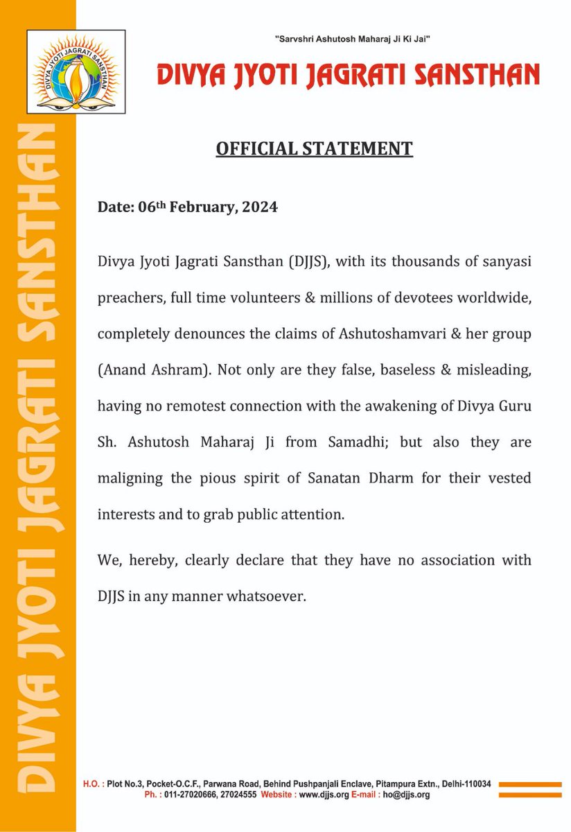 Official Statement Issued by Divya Jyoti Jagrati Sansthan (Head Office)