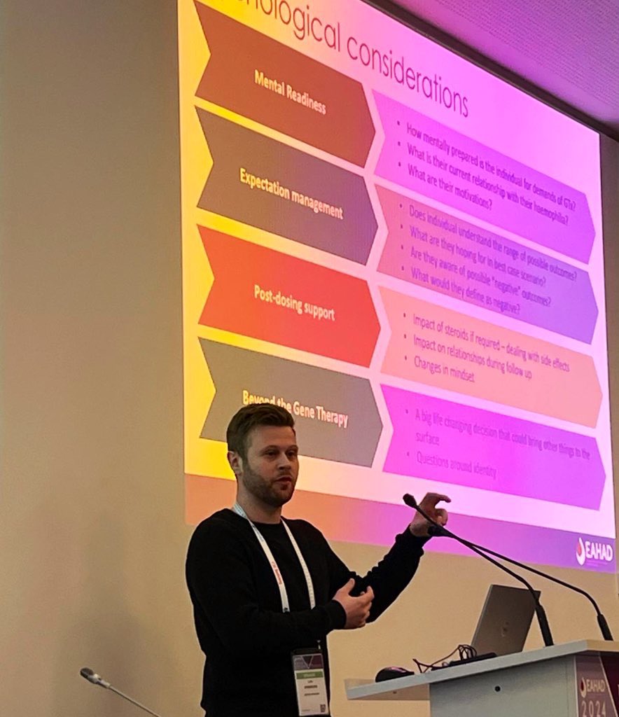 We’ve arrived in Frankfurt, ready for #EAHAD2024. First up is the Allied Health Professionals day. Our Director of Community Engagement @ljpembroke shared his personal #GeneTherapy experience & the psychological considerations for those receiving this treatment