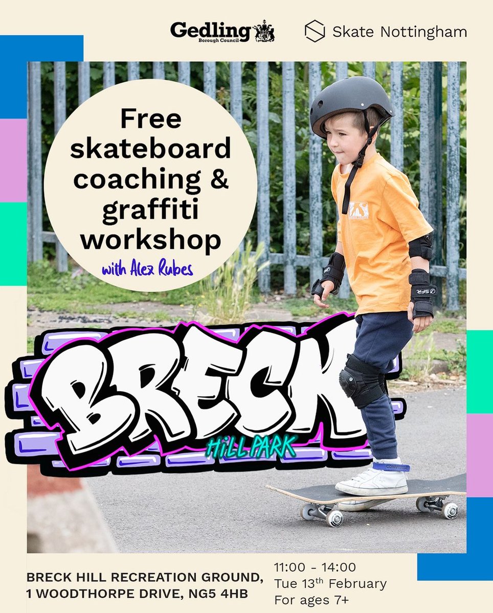 Next Tuesday (half-term) join us for a pop-up #skateboard coaching session at Breck Hill Recreation Ground, 11:00-13:00, with a graffiti workshop led by Alex Rubes until 14:00. 
Massive thanks to <a href="/GedlingBC/">Gedling Borough Council</a>
More info and link to reserve free places on: skatenottingham.co.uk