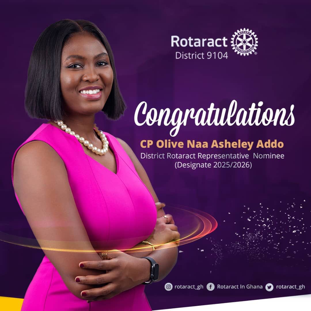 rotaractd9104's tweet photo. We are delighted to announce the selection of CP Olive Naa Asheley Addo @NahAsheley as District Rotaract Representative Nominee (Designate 2025/2026)

We anticipate your promising leadership of our dear district. 🎉🥳 https://t.co/wZbPwUX0QH