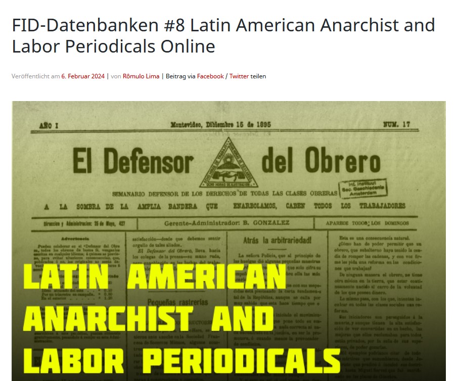 IAI_Bibliothek's tweet photo. Schon wieder #DatabaseTuesday: 👉Im FID-Blog stellen wir die Datenbank "Latin American Anarchist and Labor Periodicals Online" vor: https://t.co/XKPHLWtjtk #FIDLateinamerika #Fachinformationsdienste #Lateinamerika
@hispanistica
@LatStudien_FU
@zilas_ku
@Rom_Aux
@FIDRomanistik https://t.co/W6Sr8J4V7d