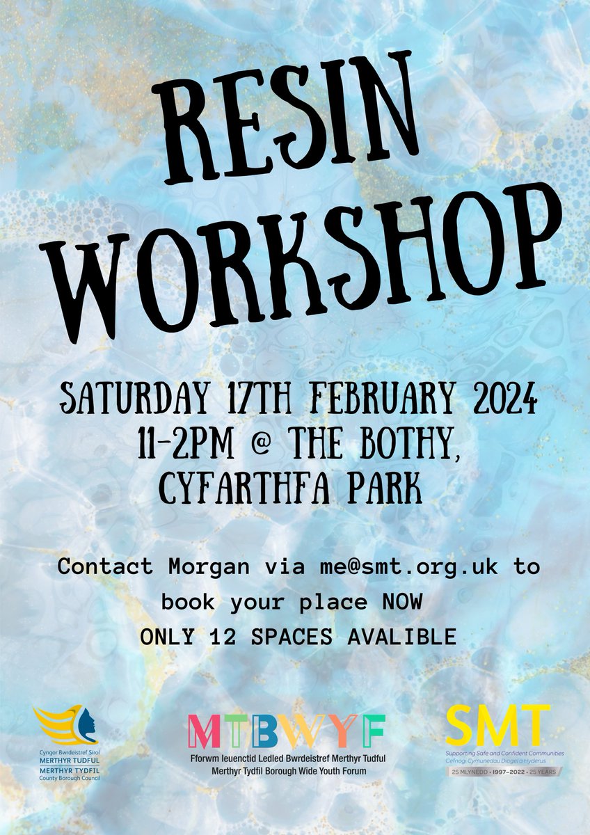 🎨NEW WORKSHOP🎨

We’ve got a fantastic opportunity for young people to creative and make something using resin 🎨

Age from 11-25

Spaces are very limited so please get in contact NOW to book or with any questions.
<a href="/SMTCYMRU/">SMT</a> <a href="/Snakesnladders2/">SnakesNLadders-TheOtherPandemic</a> @MerthyrCBC #youngpeople #becreative