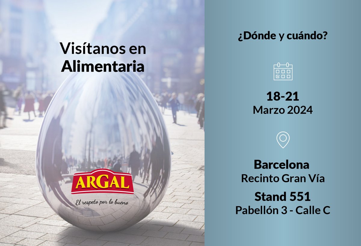¡Visítanos en Alimentaria 2024!
Estaremos presentes en Alimentaria, el salón profesional de alimentación, bebidas y gastronomía líder en España y de referencia internacional.

📅18-21 marzo 2024
📍Barcelona, Recinto Gran Vía
🏢 Pabellón 3, Calle C, Stand 551

¡Te esperamos!