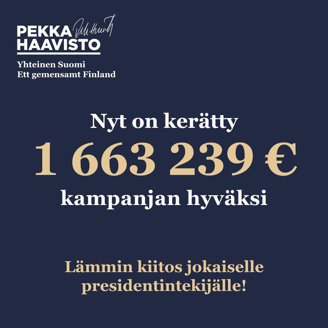 Jo 17 000 lahjoittajaa on tukenut kampanjaa. Teidän ansiostanne meillä on koossa kohta 1,7 miljoonaa euroa!! Valtavasti kiitoksia tästä tuesta! Vielä voit lahjoittaa: ➡️ MobilePaylla: 87007 ➡️ Verkossa: haavisto2024.fi/lahjoita #Haavisto2024