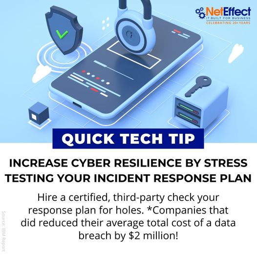 NetEffectLV's tweet image. Stress testing your incident response plan annually can limit the damage if a data breach occurs.
Are you doing this in your organization? If not, connect with our team to find out how you can start - smpl.is/8jt9l
#quicktechtip  #businesstip #NetEffect #LasVegas