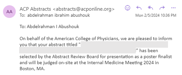 Honored to be selected as a finalist for the upcoming @ACPIMPhysicians National Abstract Competition in Boston this April. 

Looking forward to representing our program @YaleIMed @YaleIM_Chiefs @MarkDSiegel1 and connecting with IM colleagues from all over the country. 

#ACP2024