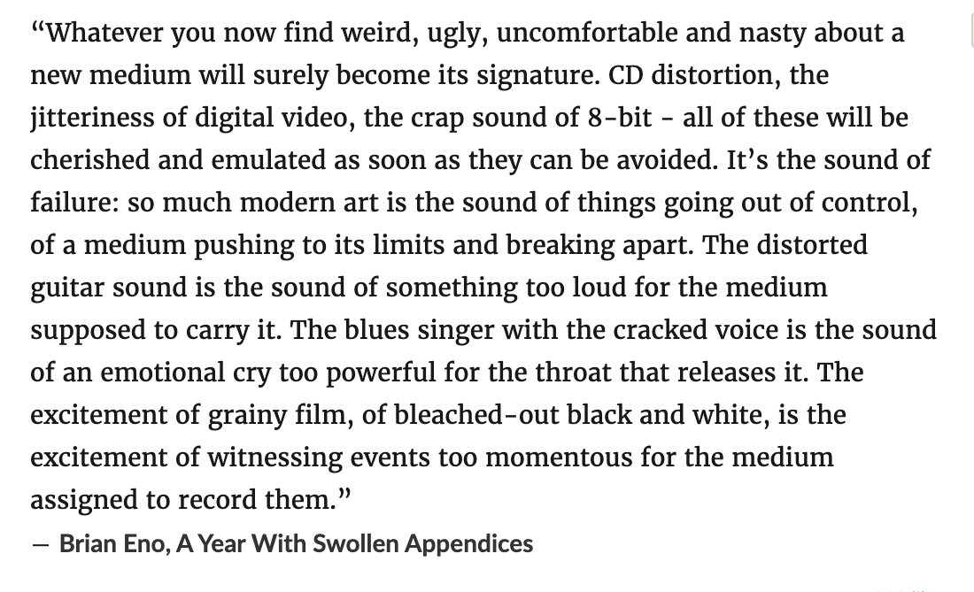 This Brian Eno quote is an inspirational reminder to keep exploring and to keep trying new things.

We can’t know what will define the sounds of future generations if we don’t keep pushing limits and experimenting.

New art and new ideas are only going to come from innovation.