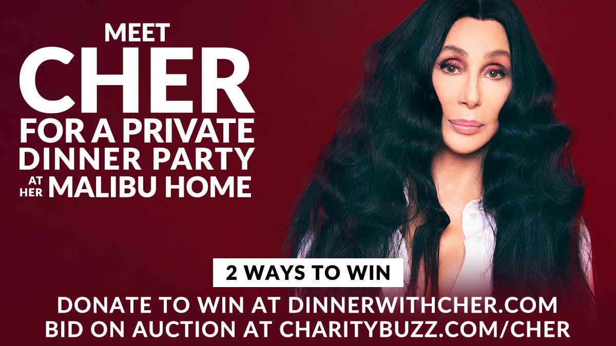 Two ways to join Cher and friends for dinner at her Malibu home ✨🥂 1) Bid on auction: charitybuzz.com/cher 2) Donate to win: dinnerwithcher.com @ftwglobal 🧡🐘🦍🐅