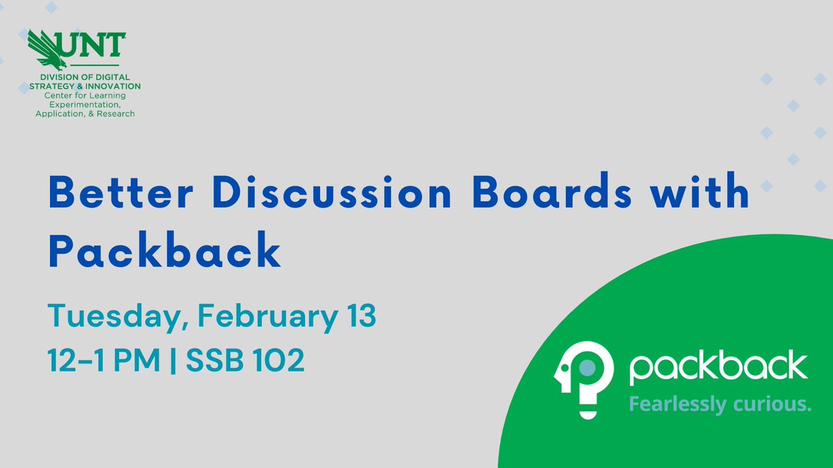 clearUNT's tweet photo. Packback reduces grading time! This tool uses AI to guide students in applying critical thinking skills to discussion boards. Packback also integrates with Canvas + syncs with the gradebook. Bring your laptop to explore this tool! Lunch provided. Register: https://t.co/VXbjlNq8i7 https://t.co/MT4sNXlrbB