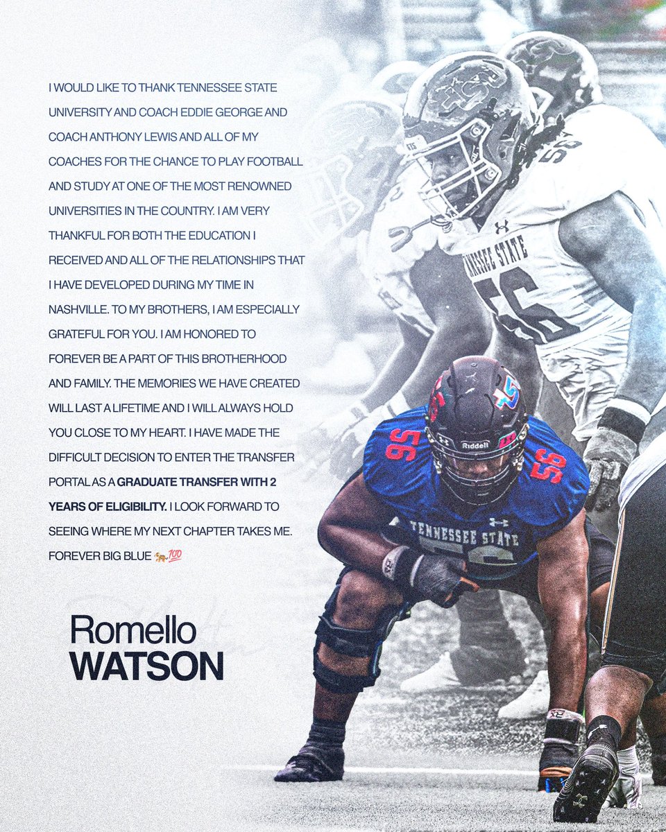 WatsonRomello's tweet image. Blessed To Say I’m Officially In The Transfer Portal As A Graduate Transfer With 2years Of Eligibility Left 
6’4 300lbs Guard/Tackle @Coach_GPadgitt @STARSMP1 @CoachReedLive @NaismithLives @LightOnSports @farrellportal @Aveion_Cason23 @yardtalkhbcu