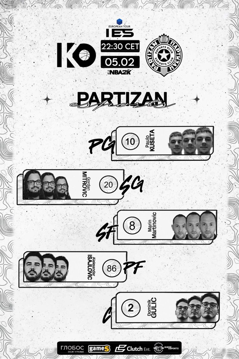#NBA2K24 

We are back! ⚫️⚪️

Tonight we start our 1st round in <a href="/2K_IES/">International E-Sports (IES)</a> Tour of Europe 🔥

🏆<a href="/2K_IES/">International E-Sports (IES)</a> 
⏰ 22:30 CET
🆚 @Kavoshin2K
📺 youtube.com/@PartizanEspor…

<a href="/isazh86/">Aleksandar</a> 
<a href="/N1Maldini/">Paulo</a> 
<a href="/hvhIegend/">Kurt</a> 
<a href="/Extreme5K/">Extreme</a> 
<a href="/zynga91/">Zyngaa1</a> 
<a href="/guleziii/">gulezi</a> 

#vracajusedanipobede