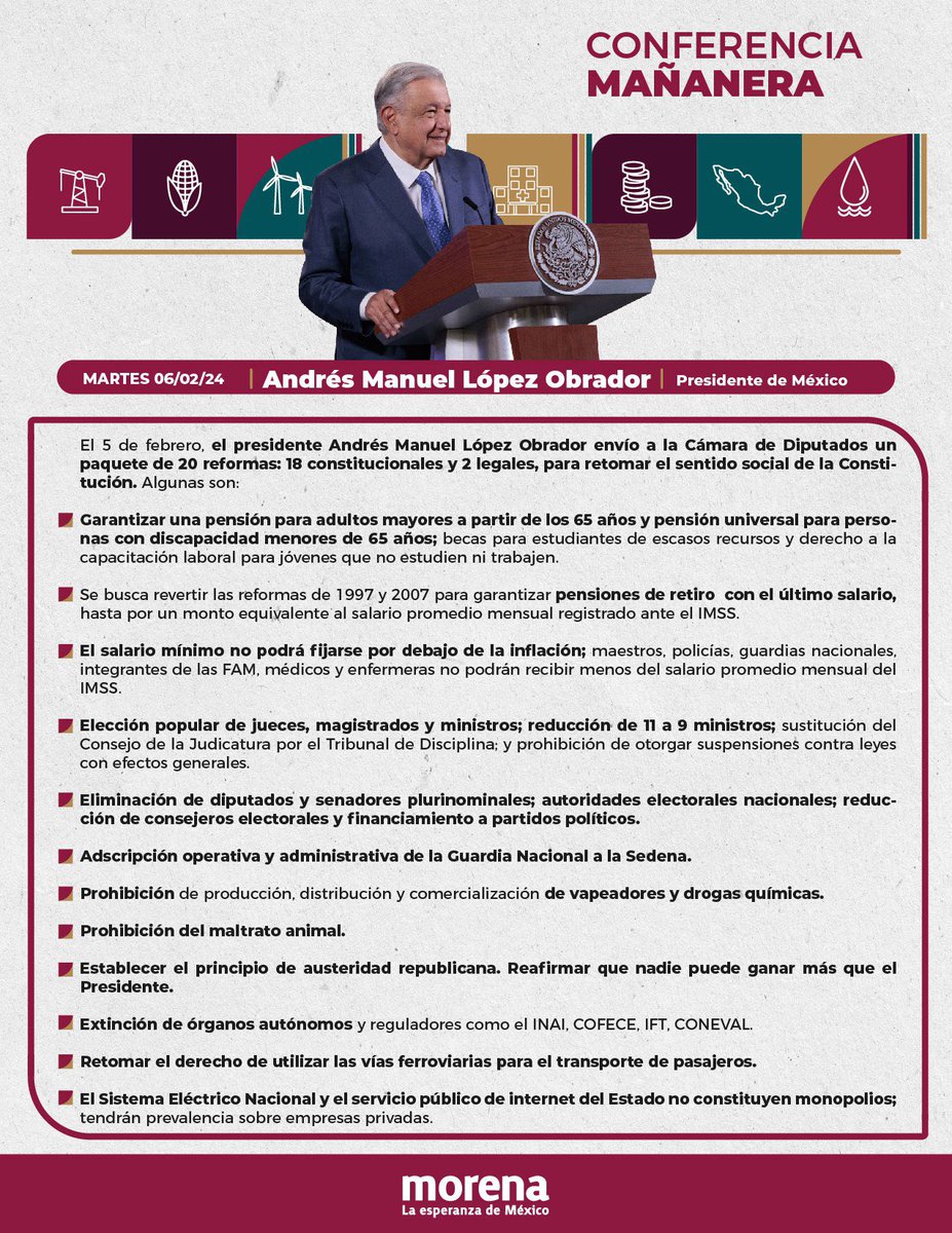 PartidoMorenaMx's tweet photo. En su conferencia de prensa, el presidente López Obrador ahondó en las iniciativas de reformas constitucionales que envío el 5 de febrero a la Camara de Diputados: 18 constitucionales y 2 legales.

Con ello, el presidente busca que nuestra Constitución retome su espíritu de justicia social.