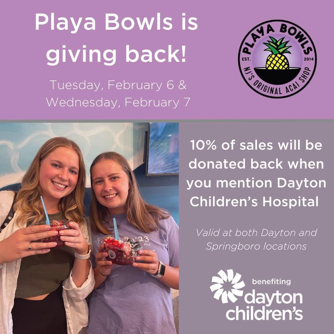 Looking for a sweet treat? Stop by @playabowlsdayton today or tomorrow to give back to @daytonchildrens while treating yourself! 

#KidsCantWait #MiracleWeek #kcw #matchweek #MarionsPiazza #yummy
