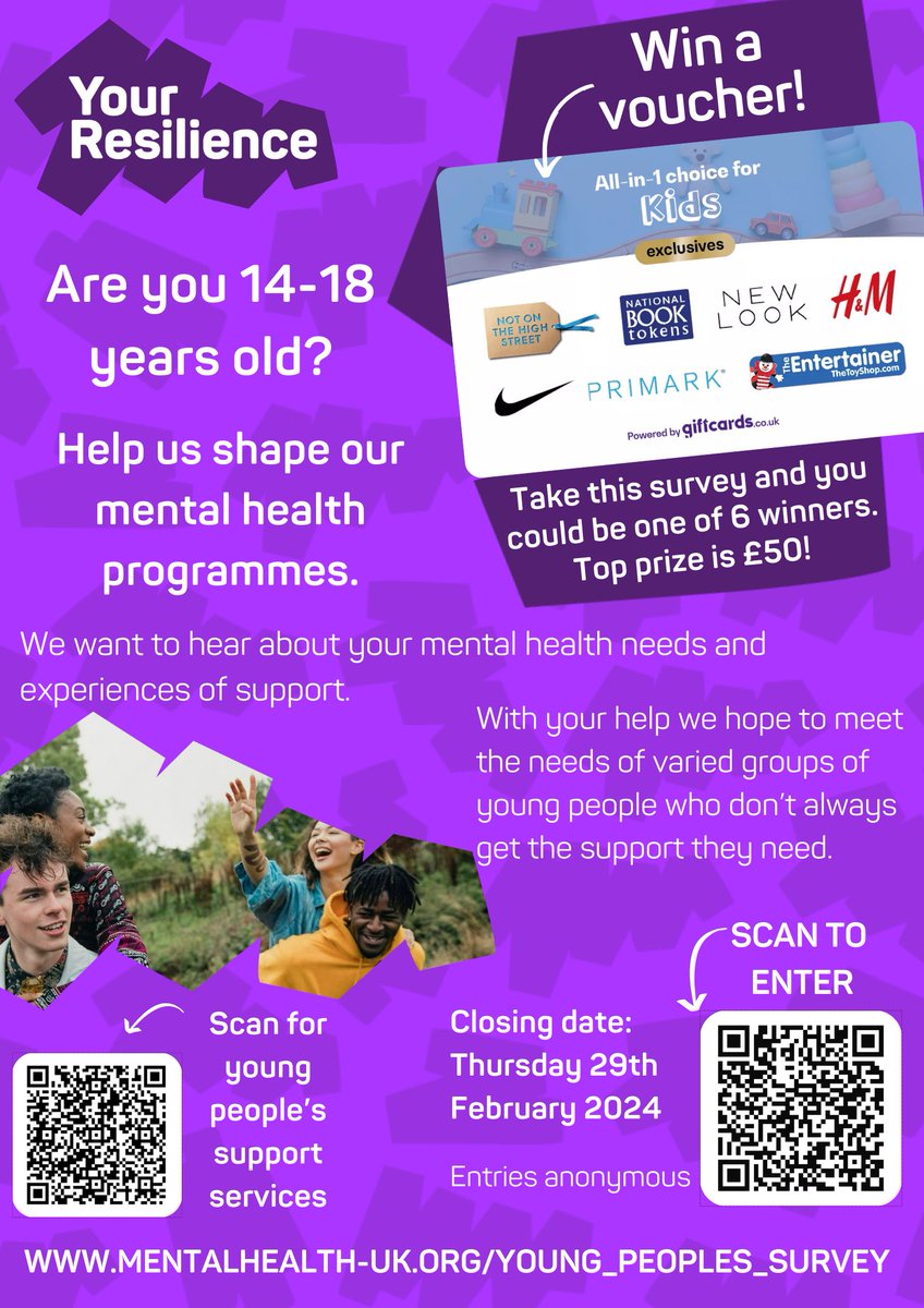 Do you have some time to complete a survey and help improve mental health provisions for young people aged 14 – 18 years old? 👉The survey will be open until 29/02/2024 and those completing the survey will be entered into a prize draw to win online shopping vouchers.