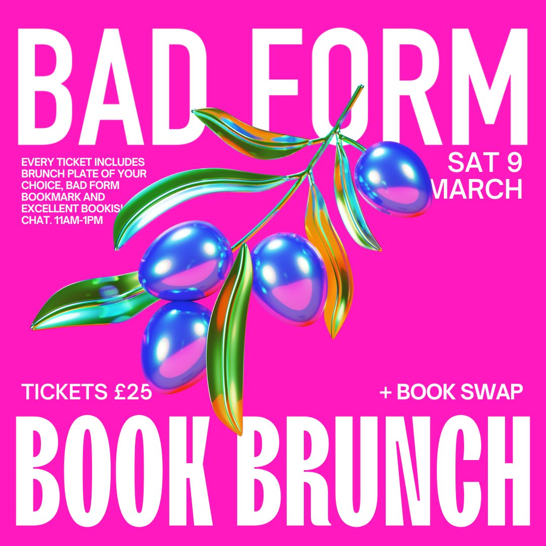 Brunch, book, bookmark AND you can bring a book to swap. For £25! The dream! Get your tickets for sat 9 march now 🎟️ badformreview.com/shop/p/zbha9z1…