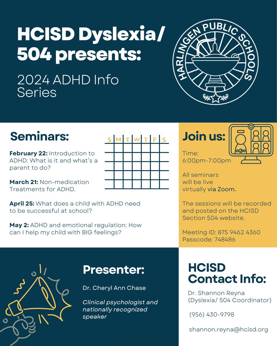 Hey HCISD Family! 📣📣

HCISD Dyslexia/ 504 invites you to their 2024 ADHD Info Series! 🙂

From now until May, they will host virtual seminars via Zoom monthly from 6:00pm to 7:00pm. 💻

We hope you'll join us! ✨
