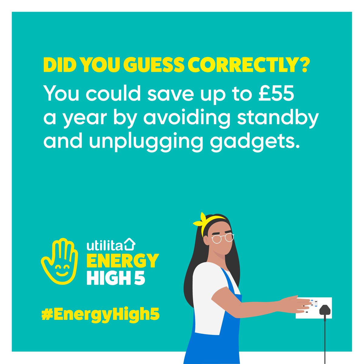 UtilitaEnergy's tweet photo. How did your #EnergyHigh5 knowledge weigh up? Let us know if you're a pro by hitting the ❤️

You could save up to £55 a year by avoiding standby &amp; unplugging gadgets!

Don't miss out on more tips, join the #UtilitaHigh5 movement at https://t.co/zlK2jj1Pfe https://t.co/lCymfKyknE