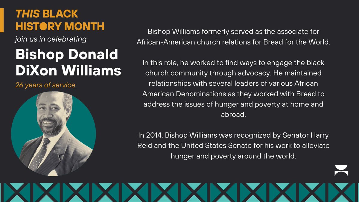 Bread for the World is celebrating #BlackHistoryMonth with our Legacy Spotlight Series! Join us as we honor the achievements of 4 past Bread staff, highlighting their impactful contributions.

We celebrate Bishop Donald DiXon Williams for 26 years of service!