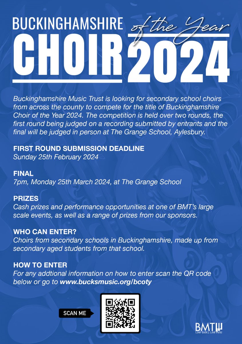Could your choir be Bucks’ first Choir Of The Year? Open to all educational settings who have a secondary aged choir. Find out more at bucksmusic.org/bcoty and enter now!
 
#LoveBucksLoveMusic #BMT #ChoirOfTheYear #BCOTY #BucksChoirOfTheYear #Choir #YouthChoir #MusicInBucks