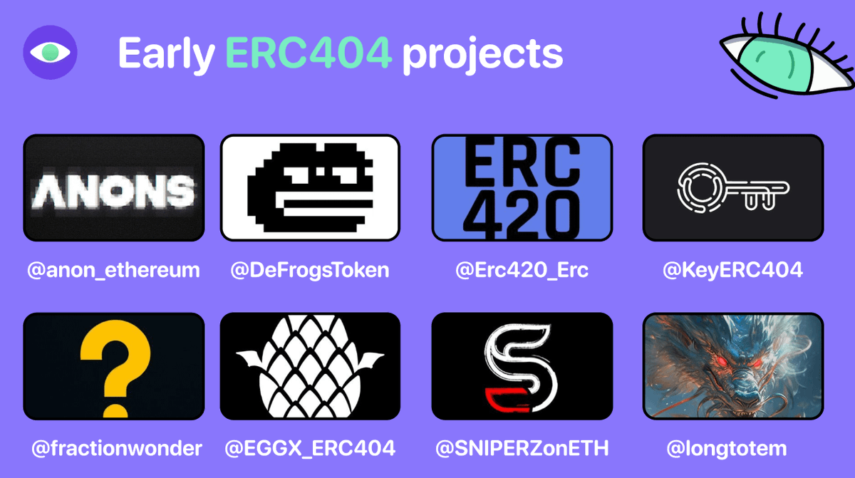 getmoni_io's tweet photo. Searching for underrated projects with huge potential?

Seems like @Pandora_ERC404 have just started a new nerrative.

So, I've gathered all the main projects in one place, so you'll be fully equipped and ready.

I'm sure I don't need to tell you what to do, right? 😏            
Before we start, let's revise what ERC404 is. ERC404 is an experimental token standard proposed by the @Pandora_ERC404 team.

This standard combines elements of both ERC20 and ERC721 standards with a focus on native liquidity and fractionalization.

Now, when you have a brief understanding of ERC404, let's move to early projects. Worth to mention that some of them have already been launched, and some of them haven't.

1. @anon_ethereum - a hybrid token/NFT project with an $ANON token that's launching soon.

🦧 Followers: 3771 (discovered on 26)
👾 Moni Score: 270
🧠 Smart followers: 45

2. @DeFrogsToken - a collection of 10,000 DeFrogs enabled by ERC404.

🦧 Followers: 887 (discovered on 164)
👾 Moni Score: 68
🧠 Smart followers: 12

3. @Erc420_Erc - the first Metaverse Protocol enabling inscription assets to function across engines, games.

🦧 Followers: 5673 (discovered on 3237)
👾 Moni Score: 6
🧠 Smart followers: 32

4. @KeyERC404 - NFT Liquidity Pool with already launched $KEY and corresponding NFT collection.

🦧 Followers: 71 (discovered on 20)
👾 Moni Score: 5
🧠 Smart followers: 1

5. @fractionwonder - a collection of 10,000 Wonders and corresponding $WONDER token, which's not launched yet.

🦧 Followers: 161 (discovered on 45)
👾 Moni Score: 53
🧠 Smart followers: 12

6. @EGGX_ERC404 - is a collection of 21,000 magical EGGX NFTs.

🦧 Followers: 113 (discovered on 58)
👾 Moni Score: 29
🧠 Smart followers: 8

7. @SNIPERZonETH - a collection of 5,000 SNIPERZ coming soon on $ETH.

🦧 Followers: 49 (discovered on 13)
👾 Moni Score: 17
🧠 Smart followers: 3

8. @longtotem - another fresh ERC404 project with already launched $LONG token.

🦧 Followers: 19230 (discovered on 19k)
👾 Moni Score: 7
🧠 Smart followers: 2

That's it for today, frens. Always keep in mind:

- Be SUPER attentive, DYOR / NFA
- Selected projects are not promo
- Early projects are (High Risk : High Reward)

If you've found this read useful, show some love with a like, retweet, and share, also don't forget to follow us to stay ahead of the game 💜
