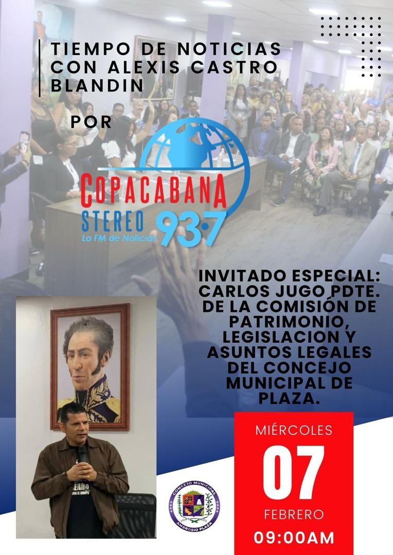 ¡Atentos! #EnEntrevista mañana nuestro Concejal Carlos Jugo desde la emisora Copacabana Stereo 93.7fm #Guarenas donde tocará temas como: proyecto de ordenanza de Patrimonio Cultural Inmaterial, Cronistas Comunales y más #SeguimosLegislandoJuntoAlPueblo #JuntosPorLaPaz