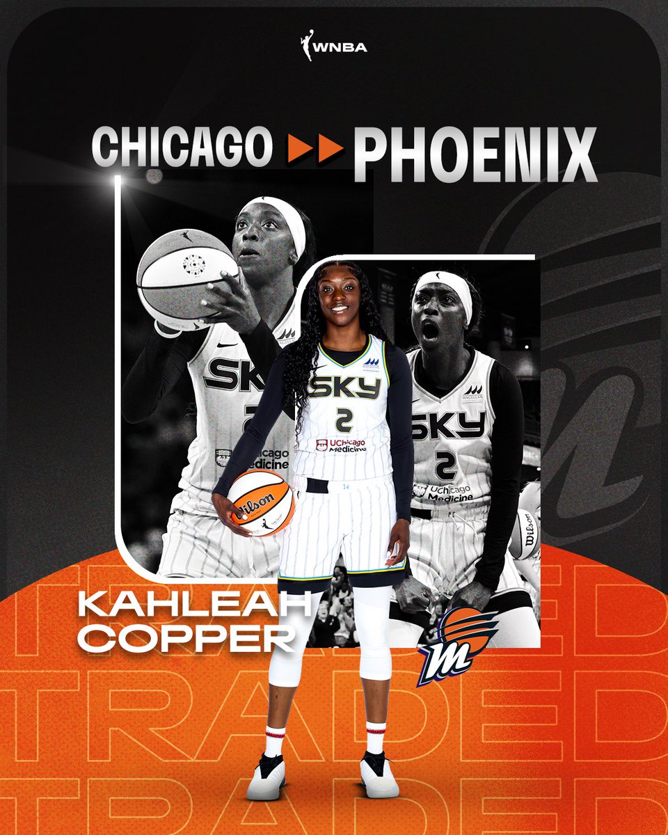 WNBA's tweet photo. 🚨 TRADE ALERT 🚨

The @chicagosky trade the contract of Kahleah Copper and the exclusive negotiating rights to Morgan Bertsch to the @PhoenixMercury in exchange for the contracts of Michaela Onyenwere and Brianna Turner. 

Chicago also acquires PHX’s own 2024 1st Rnd draft pick (#3) and 2026 1st Rnd draft pick, Chicago’s 2025 2nd Rnd pick (previously acquired by PHX), and the right to swap the teams’ own 2026 2nd Rnd draft picks. 

#WNBAFreeAgency