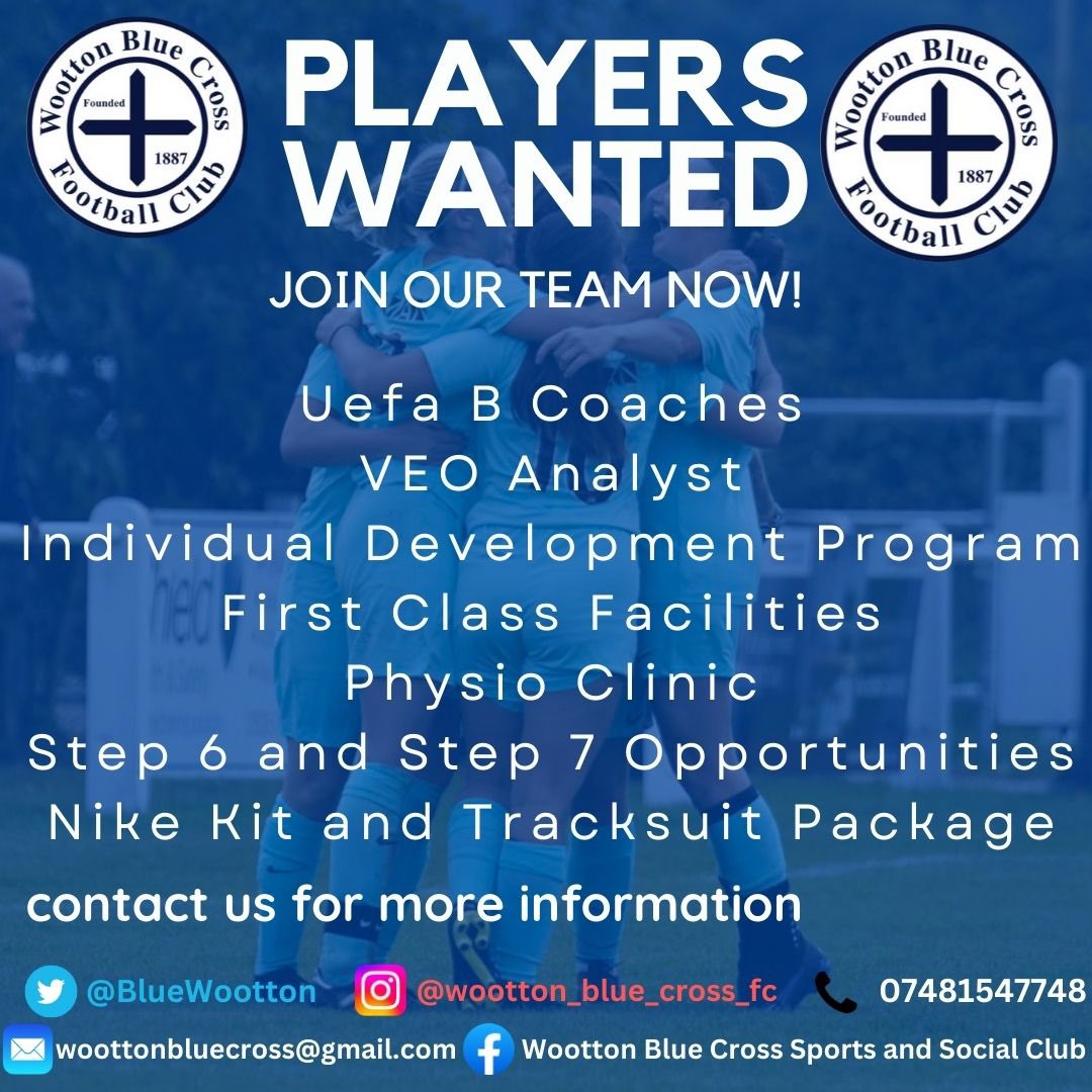 BlueWootton's tweet image. Looking for a new opportunity? 👇⚽️ 

Wootton Blue Cross are looking to build both First and Reserve squads!

With fantastic facilities and first class coaching, we pride ourselves in developing players in a fun and relaxed environment. 

Get in touch for more info 📞 

🔵✖️