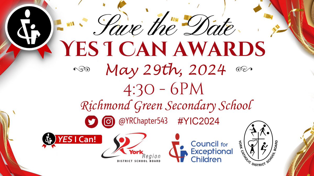 Save The Date! The CEC York Chapter 2024 Yes I Can Awards will be celebrated on May 29, 2024. Stay tuned for more updates. #YIC2024 <a href="/YRDSB/">York Region DSB</a>_SS @YRDSB @SSD_YCDSB <a href="/YCDSB/">York Catholic District School Board</a>