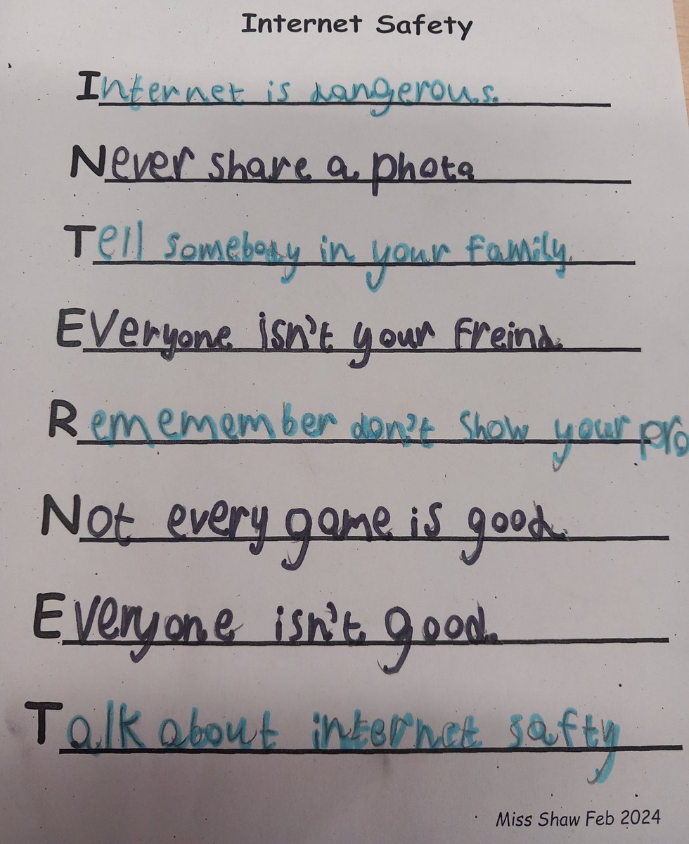ashparkprimary's tweet photo. Today is Internet Safety Day. P4C has written acrostic poems about what they have found out about keeping themselves safe. Please ask them about what they found out. #talktoyourchild #InternetSafetyDay https://t.co/eEZgupzHz2