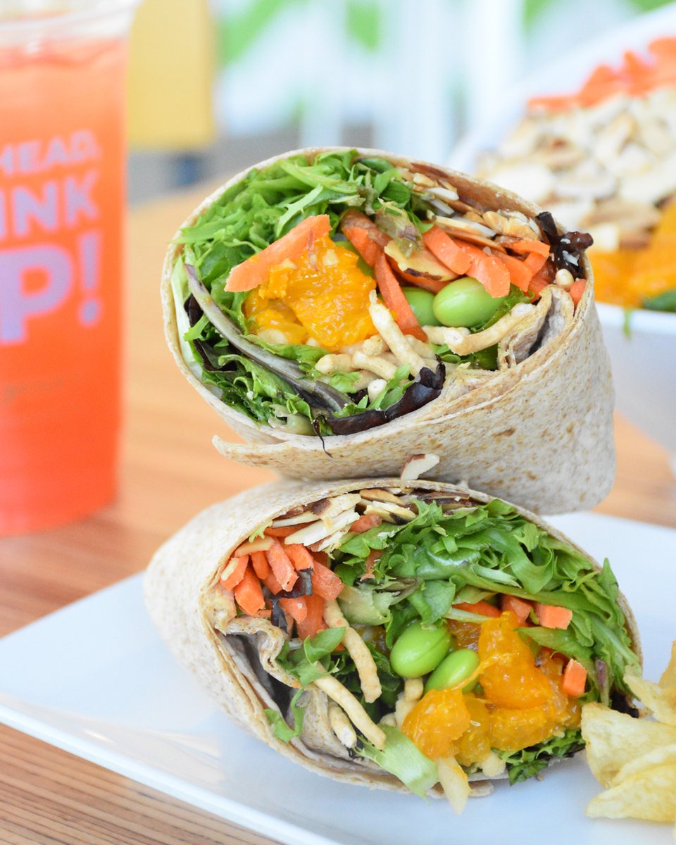 Brighten your day with our Mandarin Orange! 🍊 Fresh spring mix, mandarin oranges, crunchy noodles, almonds, edamame, carrots, all dressed in our delightful miso ginger vinaigrette wrapped in a whole wheat tortilla!