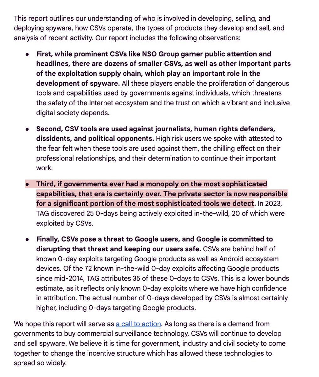 WOW: ~ 50% of 0day exploits against Google/Android products now come from commercial vendors. 'if governments ever had a monopoly on the most sophisticated capabilities, that era is certainly over' Timely NEW REPORT by @Google TAG Some takeaways🧵 1/ blog.google/threat-analysi…