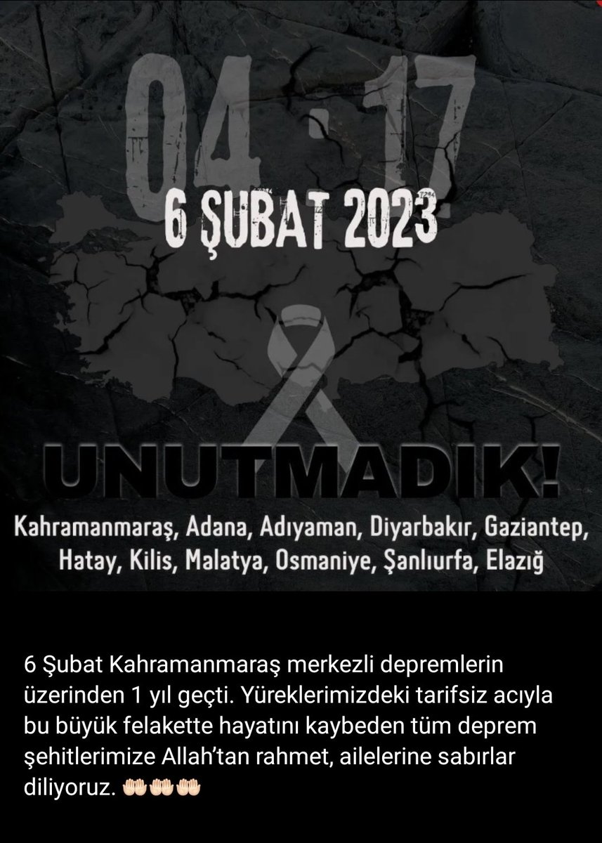 6 Şubat Kahramanmaraş merkezli depremlerin üzerinden 1 yıl geçti. Yüreklerimizdeki tarifsiz acıyla bu büyük felakette hayatını kaybeden tüm deprem şehitlerimize Allah’tan rahmet, ailelerine sabırlar diliyoruz. 🤲🏻🤲🏻🤲🏻