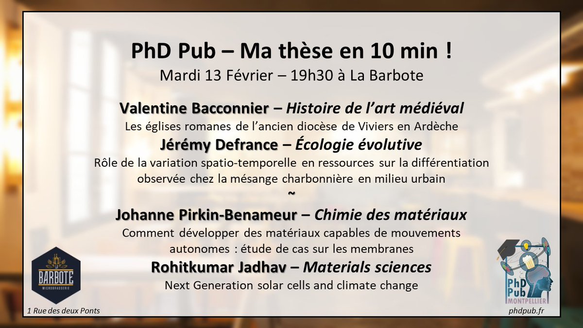 La prochaine édition du PhD Pub se tiendra le 13/02
Retrouvez-nous à partir de 19h30 à La Barbote
Valentine, Jérémy, Johanne et Rohitkumar nous présenteront leurs travaux autour d'un verre.
Lien de l'évènement : facebook.com/events/9568932… 
#beer #montpellier #phdlife