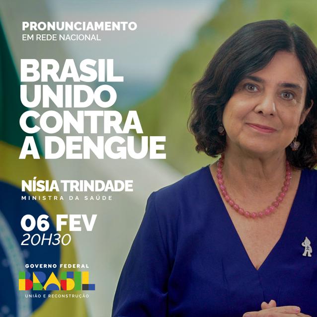 Nísia Trindade Lima (@nisia_trindade) on Twitter photo Farei nesta terça (6), às 20h30, um pronunciamento à nação para atualizar o cenário da dengue, as ações do <a href="/minsaude/">Ministério da Saúde 🩵</a> para combatê-la e as orientações para que todas as pessoas possam nos ajudar.
#BrasilUnidoContraaDengue Farei nesta terça (6), às 20h30, um pronunciamento à nação para atualizar o cenário da dengue, as ações do <a href="/minsaude/">Ministério da Saúde 🩵</a> para combatê-la e as orientações para que todas as pessoas possam nos ajudar.
#BrasilUnidoContraaDengue