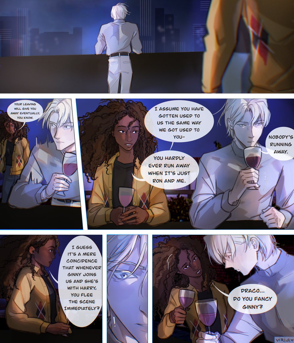 spilled secrets 1/2 (drarry grimmauld roommates AU part 2) 

#drarry #harrypotter #dracomalfoy #hermionegranger #ronweasley #ginnyweasley #art #viria 
