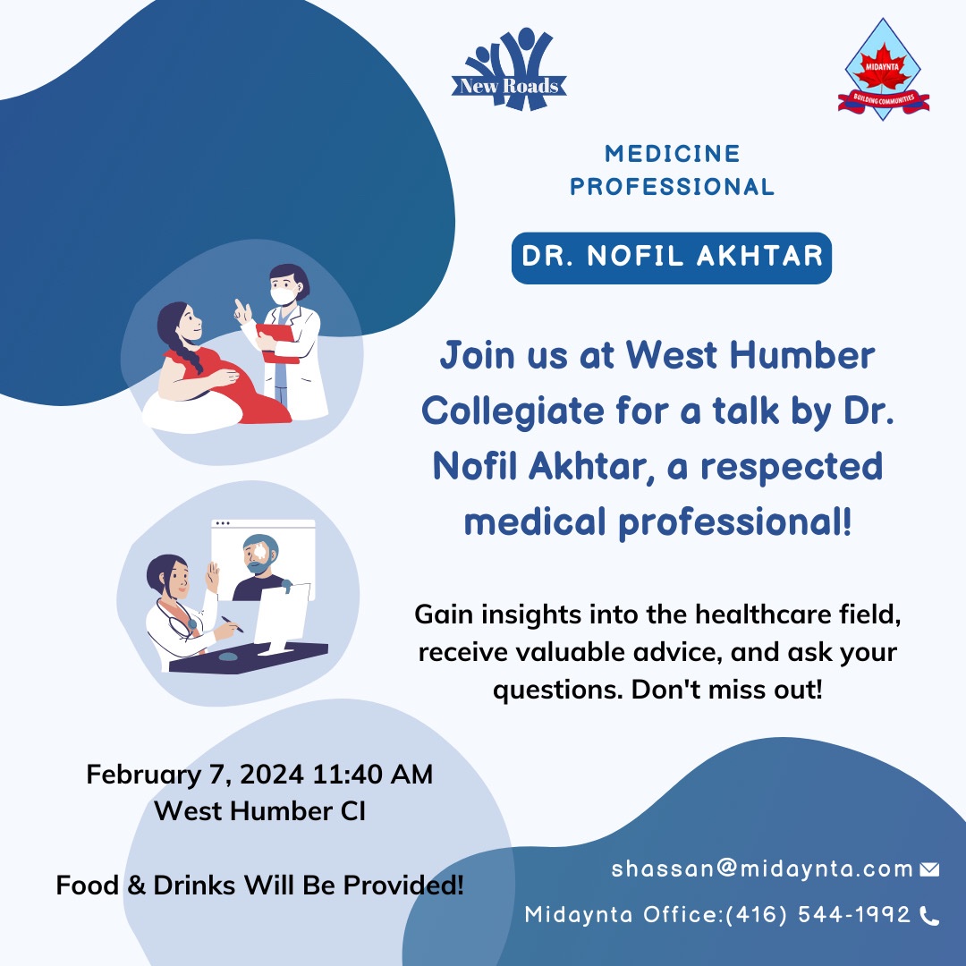 So excited for tomorrow’s workshop at West Humber Collegiate where we will welcome Dr. Nofil Akhtar, esteemed medical professional, for an engaging discussion on his career and invaluable insights into the world of healthcare. Students, don't miss out on this amazing chance!
