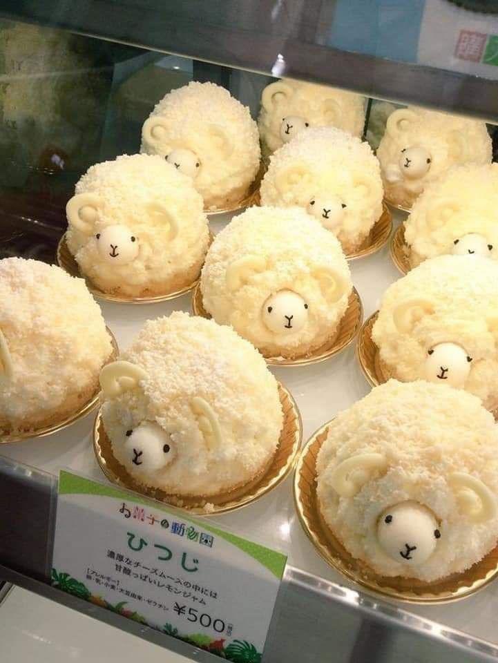 Image d’une vitrine de pâtisserie représentant une dizaine de gâteaux « moutons ». Ils semblent être composé de mousse, et d’une petite tête au chocolat blanc très mignonne. L’édition limitée était apparemment sur le thème du zoo, avec plusieurs autres animaux en pâtisserie