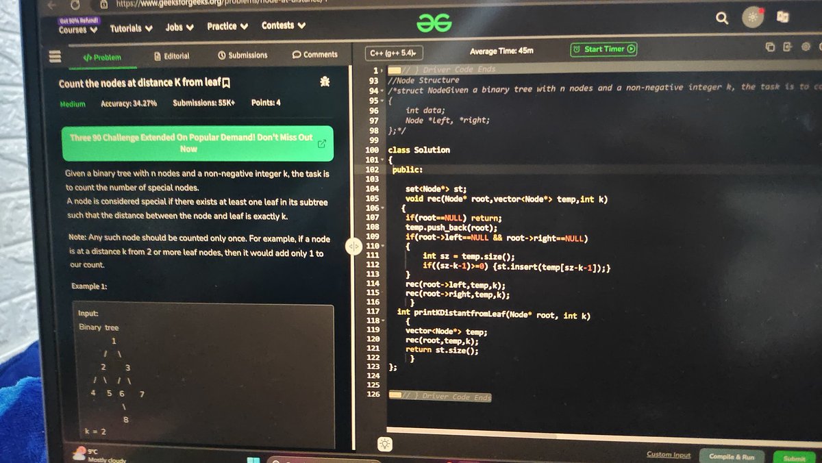 rox_getit's tweet image. DSA REVISION DAY 73
PROBLEM - Count the nodes at distance K from leaf
Approach - DFS

#100DaysOfCode