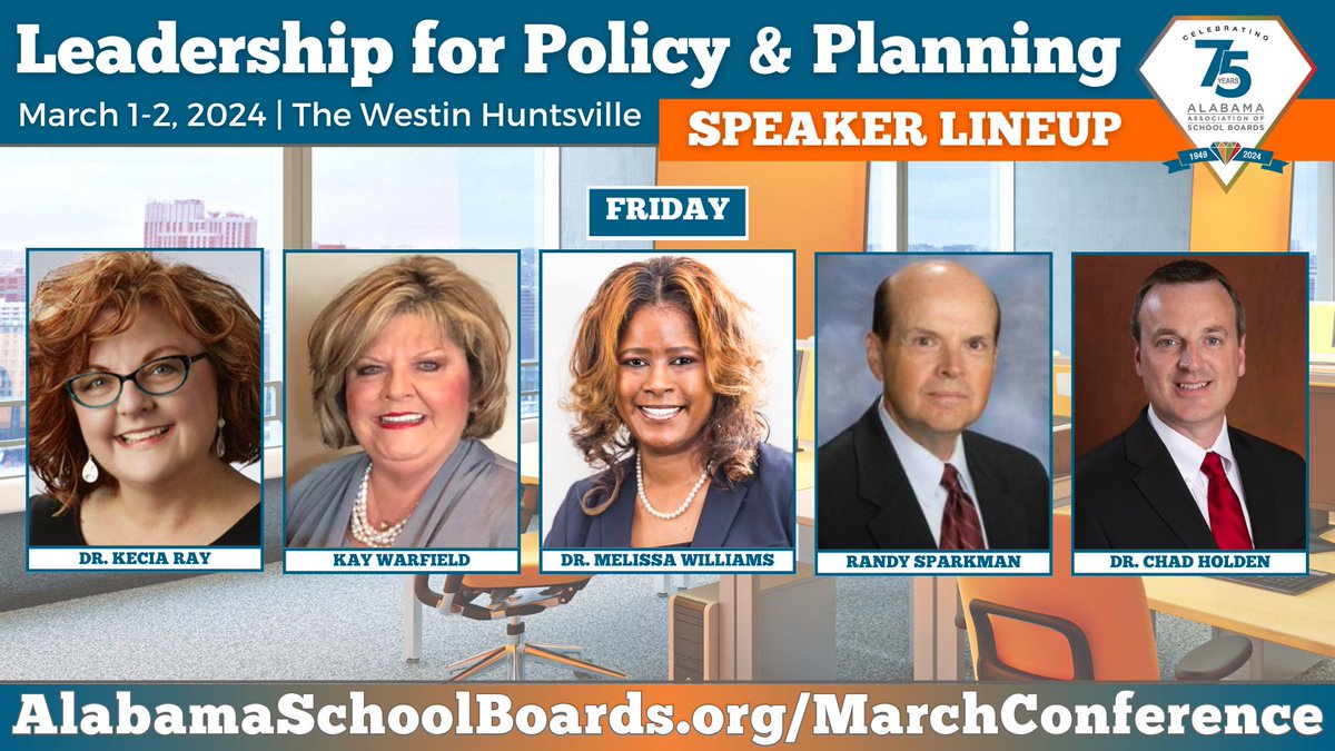 March Conference is just a few weeks away! 📆 Join us March 1 and 2 at The Westin Huntsville for AASB's Spring Academy Core Conference: Leadership for Policy and Planning! 

Check out our lineup for day one! #AASBMarchConference

Visit AlabamaSchoolBoards.org/MarchConference to register!