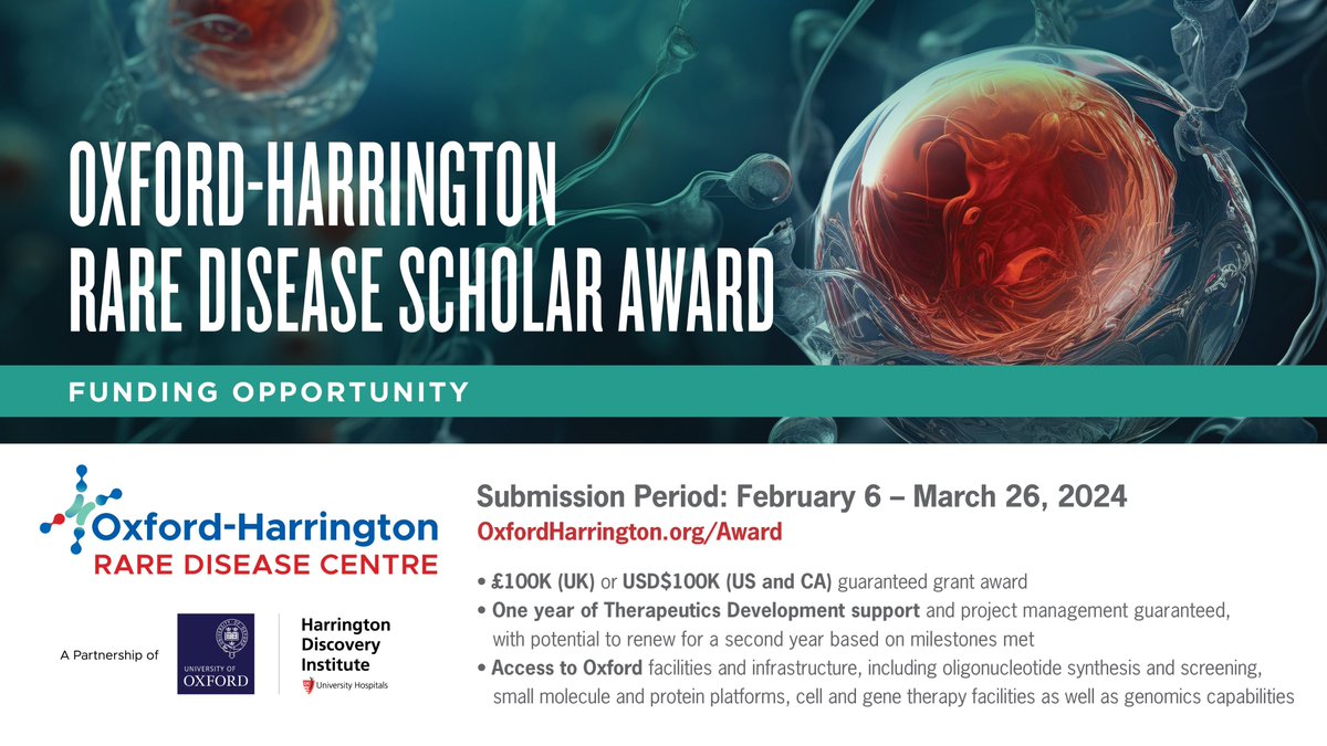 Calling all researchers in the UK, US, or Canada! The Oxford-Harrington Rare Disease Scholar Award accelerates preclinical projects toward treatments for rare diseases. Get funding and expert support to advance your discoveries into clinical practice. bit.ly/3w3D6AH