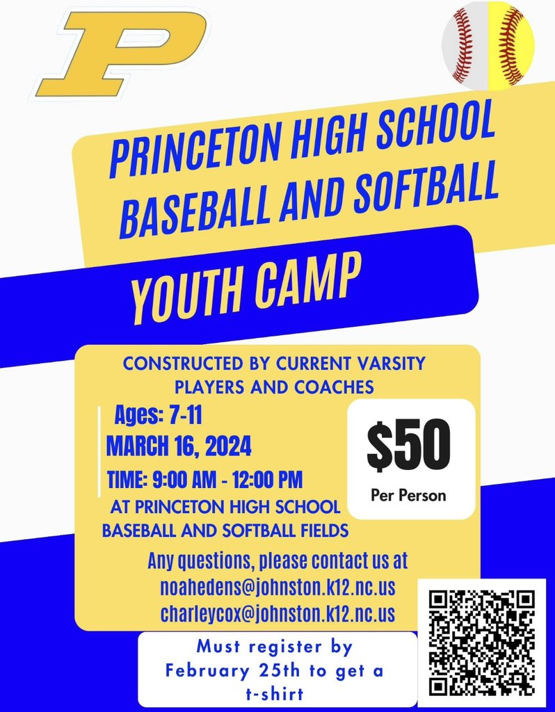 We are hosting a baseball and softball youth camp! Please register by Feb 25th to receive T-shirt! We hope to see you there! Please reach out to the emails below for any questions!
